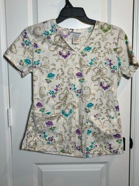 2/$12 💥♻ SB Scrubs Ivory Floral Patter Medical Scrub Blouse | X-Small | 2303